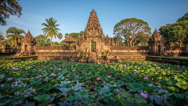 Saraswati temple basking in sunlight amidst greenery - Powered by Adobe