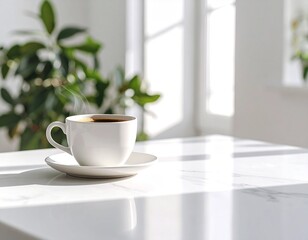 Obraz premium Black coffee in a white cup on a wooden table