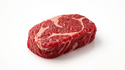 Isolated slice of raw beef meat against white background