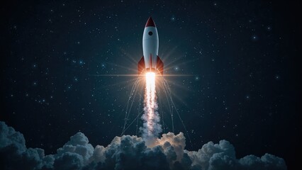 Startup growth and leadership strategy illustrated by rocket launch and interconnected digital network lines