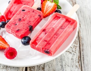 Berry Popsicles with Fresh Fruit on White Plate on Wood Surface