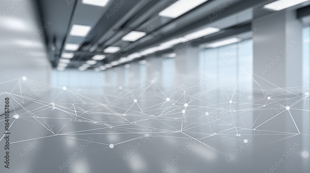 Poster modern open space with futuristic network overlay, ideal for technology and innovation concepts