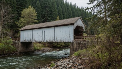 Pastoral Scene Featuring a Classic Covered Bridge in a Forest
