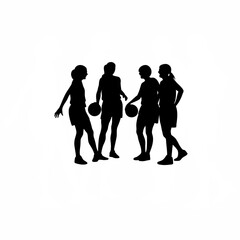 Silhouette of a laughing female basketball team in matching jerseys isolated on white background
