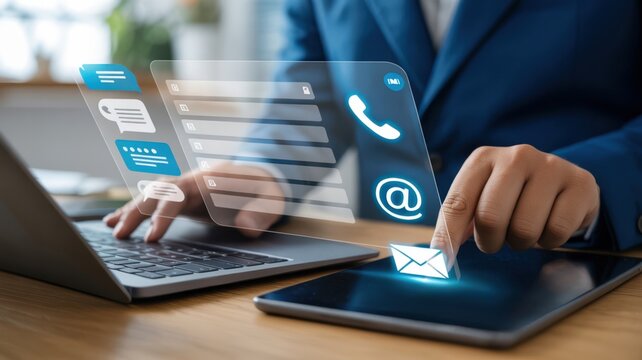 Business Communication - A businessman using a laptop and a tablet, with a digital overlay of chat, email, and phone icons, symbolizing online correspondence