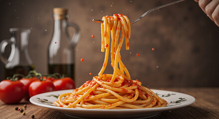 Deliciously Prepared Spaghetti with Rich Tomato Sauce and Fresh Ingredients on an Isolated Background Food Stock