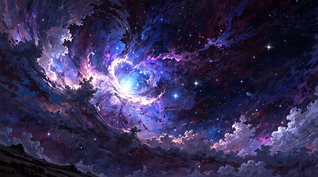 In the depths of the cosmos, a mesmerizing nebula swirls, colors blending in a cosmic dance of purples and blues. Generative AI