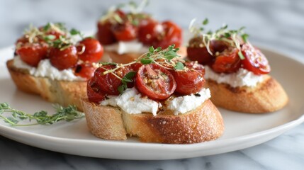 Fresh tomato and ricotta bruschetta with herbs on rustic bread