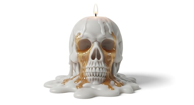 Melting skull candle with golden wax drips and lit wick creates a dramatic, eerie yet artistic statement piece for Halloween or gothic decor - Powered by Adobe