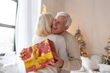 couple of elderly seniors in sweaters celebrate new year at home and hug, gray-haired old...
