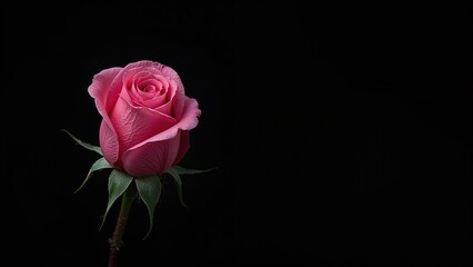Soft pink rosebud positioned on a dark surface with empty space for text