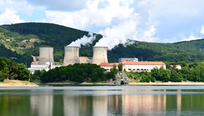 Obraz premium Power plant by lake, hills, smoke