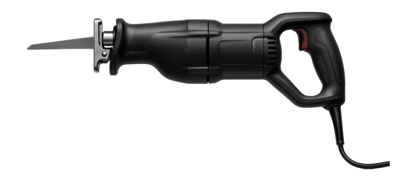 Electric corded reciprocating saw with a variable speed trigger for demolition tasks on a construction site.