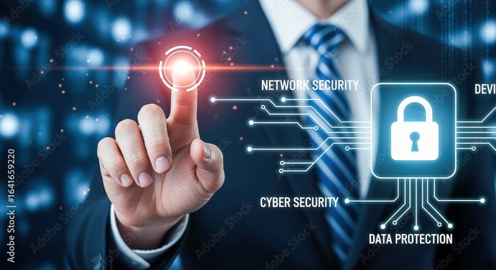 Poster cybersecurity professional accessing secure network system with digital lock, network security, and 