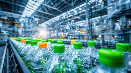Fototapeta premium Bottling Plant Production Line: Automated Conveyor Belt Filling and Packaging Plastic Bottles in a Modern Factory