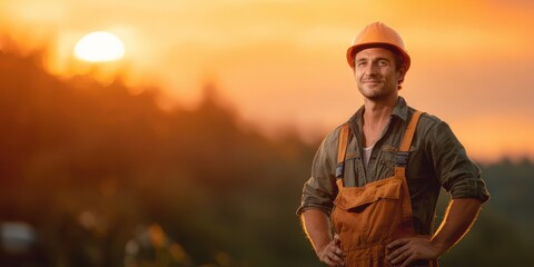 Happy Construction Worker at Sunset