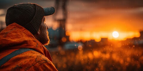 Worker Watching the Sunset Over Cityscape