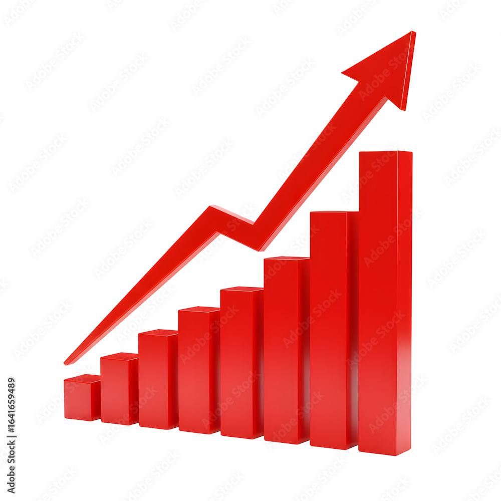 Poster ascending red bar graph with arrow symbolizing positive growth