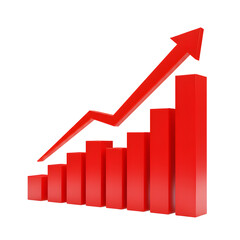 Rising Red Bar Graph with Arrow Showing Growth Trend