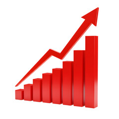 Ascending Red Bar Graph with Arrow Symbolizing Positive Growth