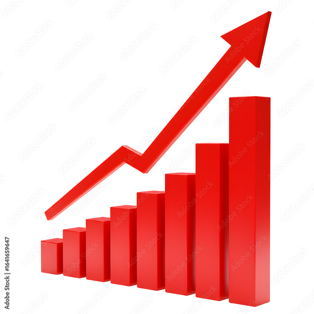 Poster red arrow and bar graph showing upward trend on transparent background