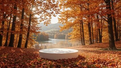 3D rendered product display platform featuring a fall maple tree forest background.
