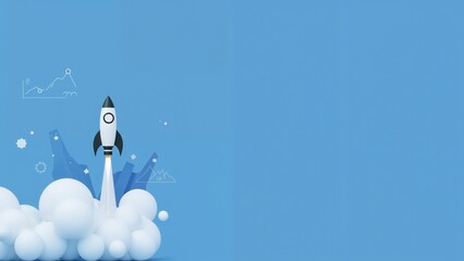 Clean online education theme featuring a pencil-shaped rocket launching against a blue background. 3D rendered image with isolated parts.