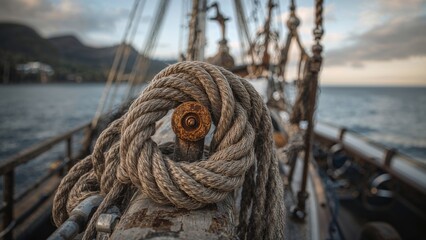 Fototapeta premium Detailed View of a Rope Fastened to a Belaying Pin on a Boat