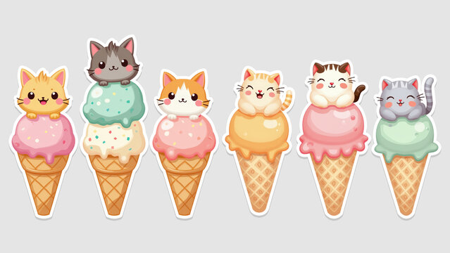Cute Chibi Cats on Ice Cream Cones in Kawaii Pastel Sticker Style