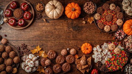 Top-down view of a rustic Halloween-themed treat spread on a dark wood table, showcasing various sweet treats including candied apples and cookies.