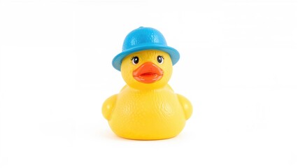 Yellow rubber duck wearing a blue cap on a white backdrop