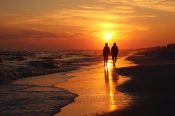 Couple walks on beach at sunset with vibrant orange sky