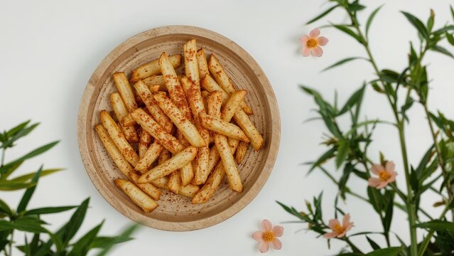 Small crispy French fries seasoned with balado on a wooden platter accompanied by plastic floral decorations against a white backdrop - Powered by Adobe