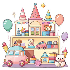 A vibrant and whimsical toy shop illustration filled with a diverse assortment of classic and imaginative toys