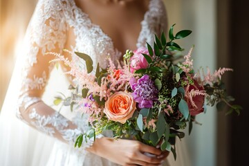 Bride holding elegant wedding bouquet with roses and greenery in delicate floral arrangement