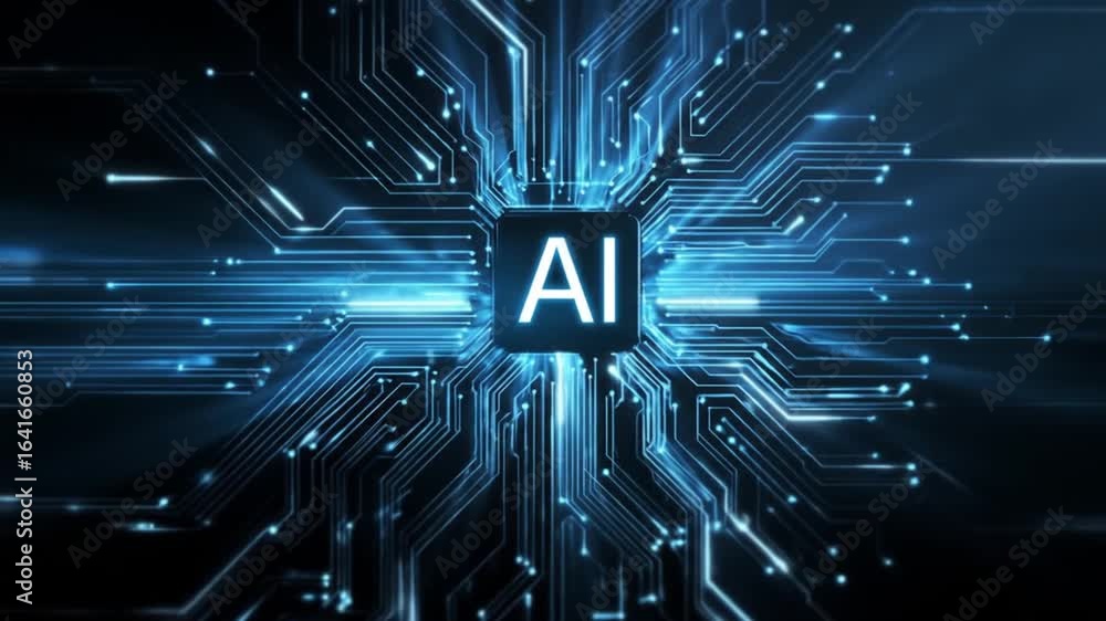 Poster artificial intelligence. glowing ai microchip. blue digital lines and circuits radiate outward, symb