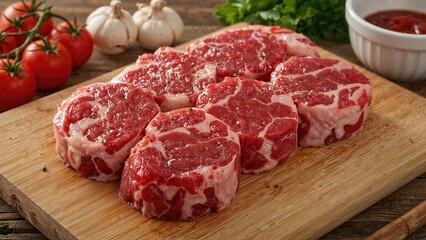 Fresh raw pork and beef steak on a wooden cutting board with ample copy space