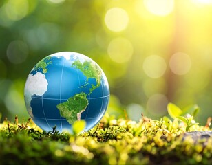 A miniature Earth rests on vibrant green moss, backlit by a sunlit, bokeh-blurred forest