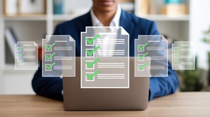 Digital Document Management - A businessman at a laptop, with a stream of digital documents and green checkmarks, for efficient records and paperless workflow
