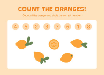 Childrens educational activity with lemon fruits. Count lemons and find correct answer. Preschool math learning game. Vector worksheet for kids and toddlers