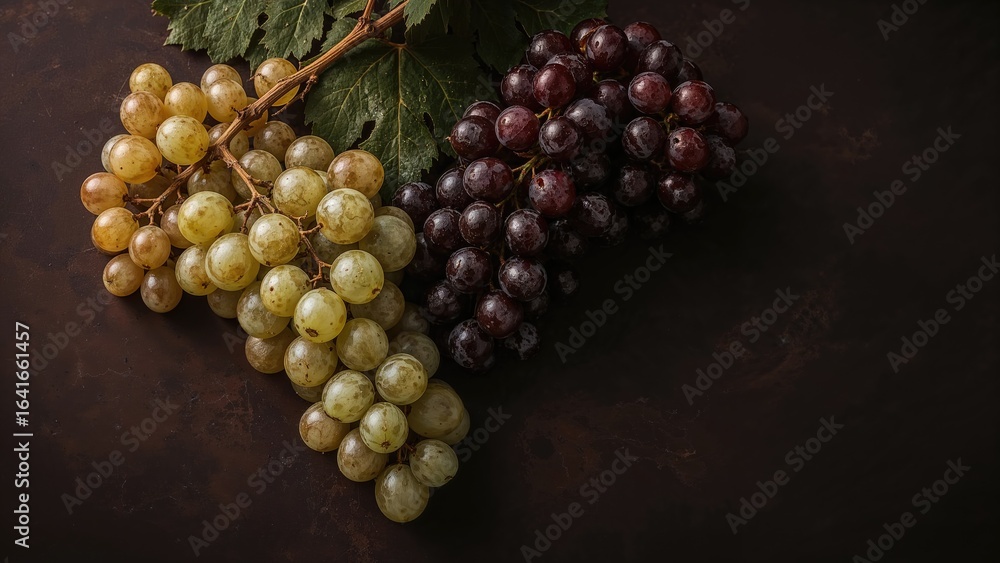 Aufkleber bird's-eye view of assorted white and black grapes on a dark setting with empty space for text