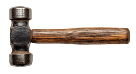 Worn ball-peen hammer with wooden handle, showcasing tool craftsmanship and industrial strength, perfect for construction and repair projects on transparent background