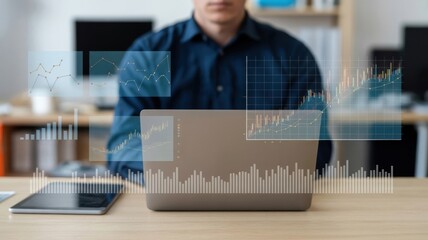 Business Data Analysis - A man at a laptop, with a digital overlay of various financial charts and graphs, for business performance and strategy