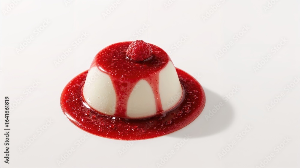 Poster smooth panna cotta garnished with raspberry sauce set on a luminous base