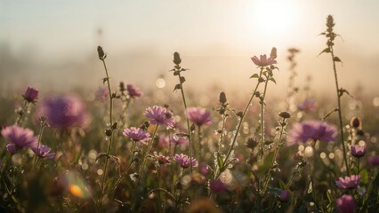 Obraz na płótnie Canvas Early dawn in summer or spring with wildflowers covered in dew, soft light and blurred background, selective focus, shallow depth of field.