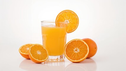 Glass of orange juice with visible sacs and sliced oranges against a white background