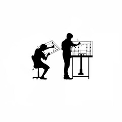 Young architect silhouette marking revisions on blueprints isolated on white background