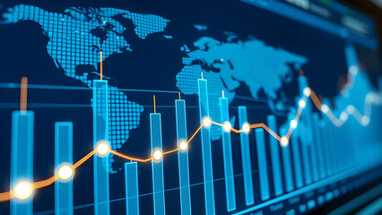 Global Financial Data Chart with Rising Bar Graph and Line Graph on Digital Screen