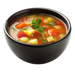 Hearty vegetable soup in a black bowl isolated on transparent background