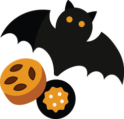 Bat shaped cookies and pastries on a white background for Halloween designs